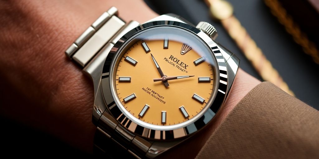 Close-up of a Rolex watch on a wrist.