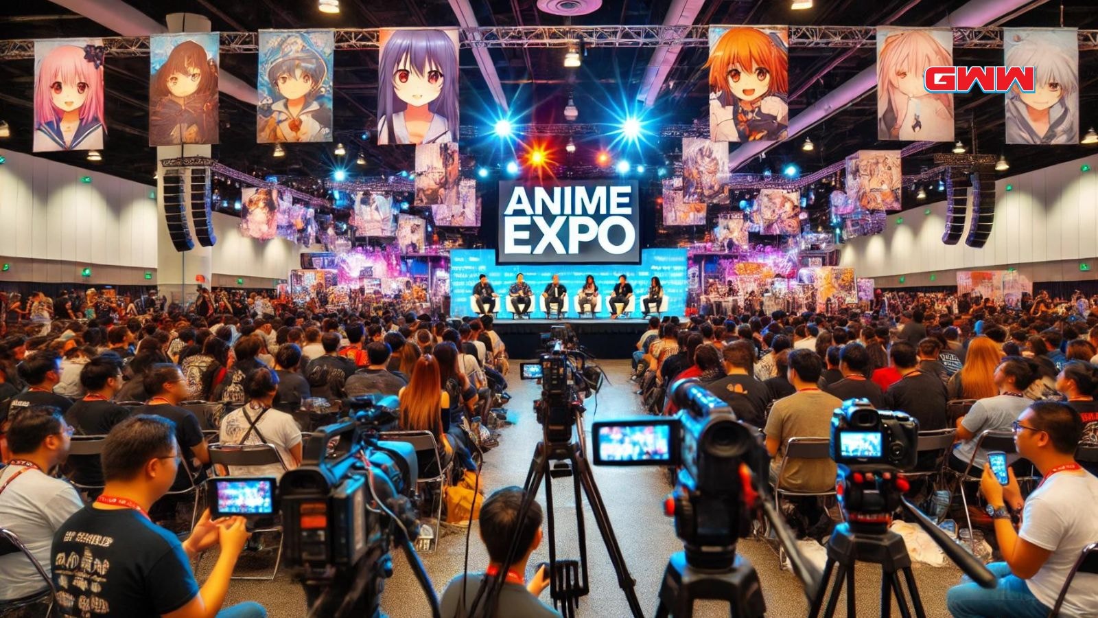 A lively scene at an Anime Expo panel event with a large audience watching a stage.