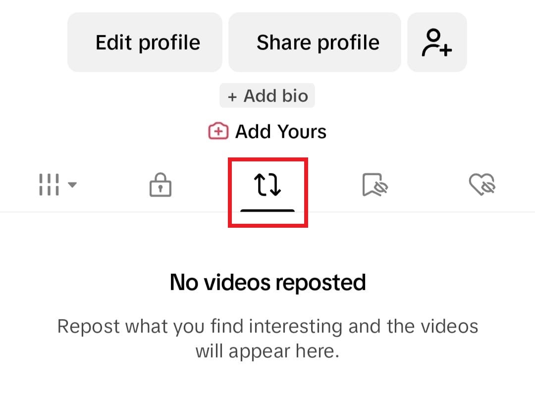 Screenshot of a TikTok profile's middle half, displaying the buttons and tabs, including the reposts tab. 