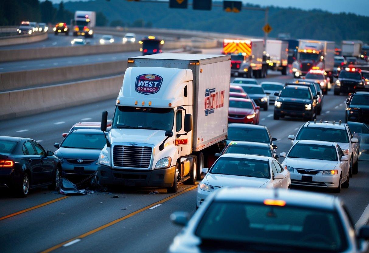 A truck collides with a car on a busy highway, causing a pile-up. The truck bears the logo of West Coast Trucking Company. Emergency vehicles surround the scene