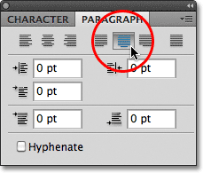 Selecting the Justify Centered option in the Paragraph panel in Photoshop. 