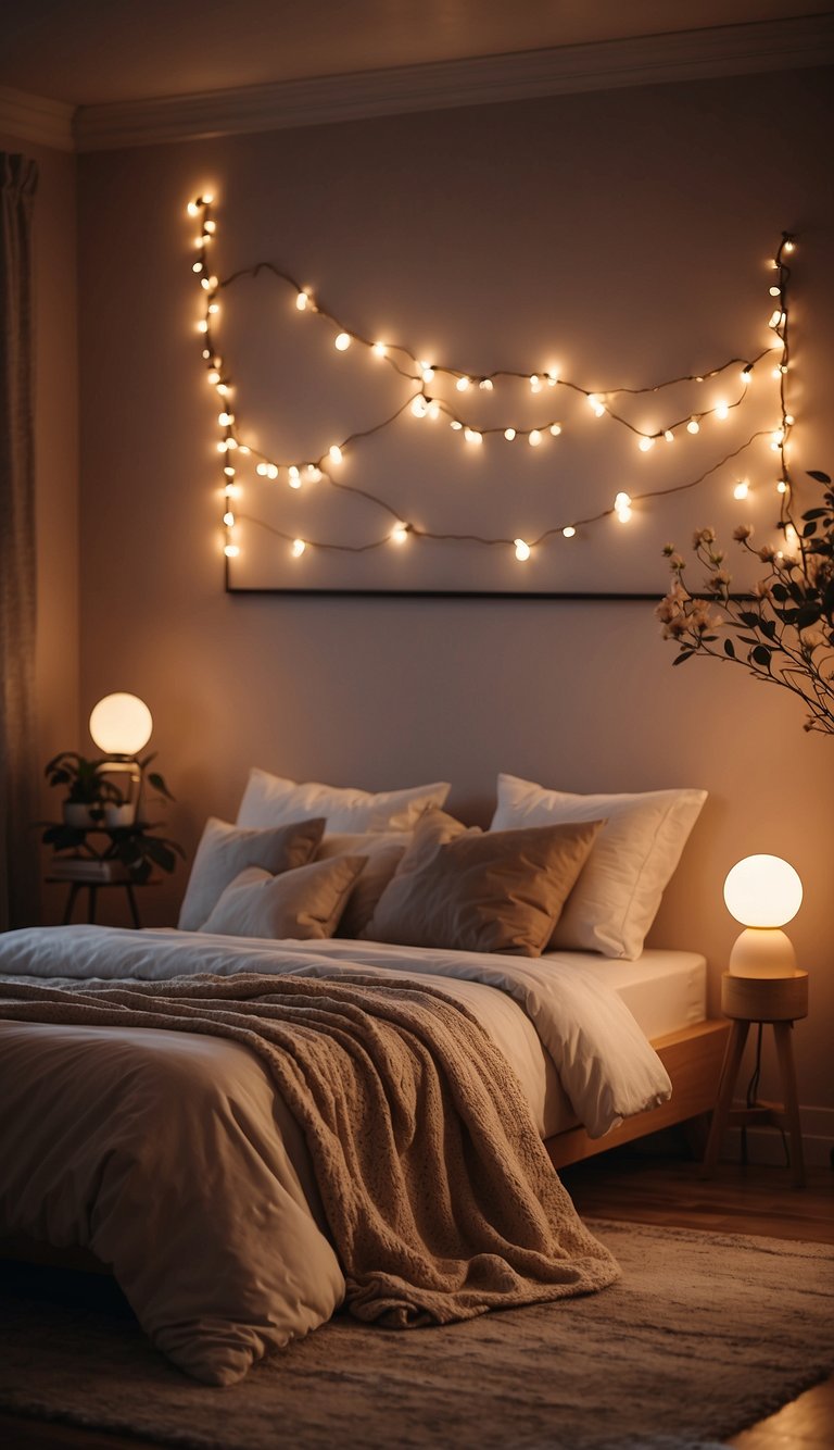 The bedroom is bathed in warm, romantic mood lighting from smart bulbs, creating a cozy and intimate atmosphere for couples