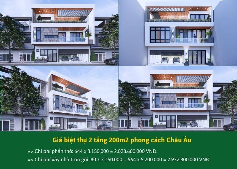 Giá biệt thự 2 tầng 200m2 phong cách Châu Âu Xây dựng Nhất Tín