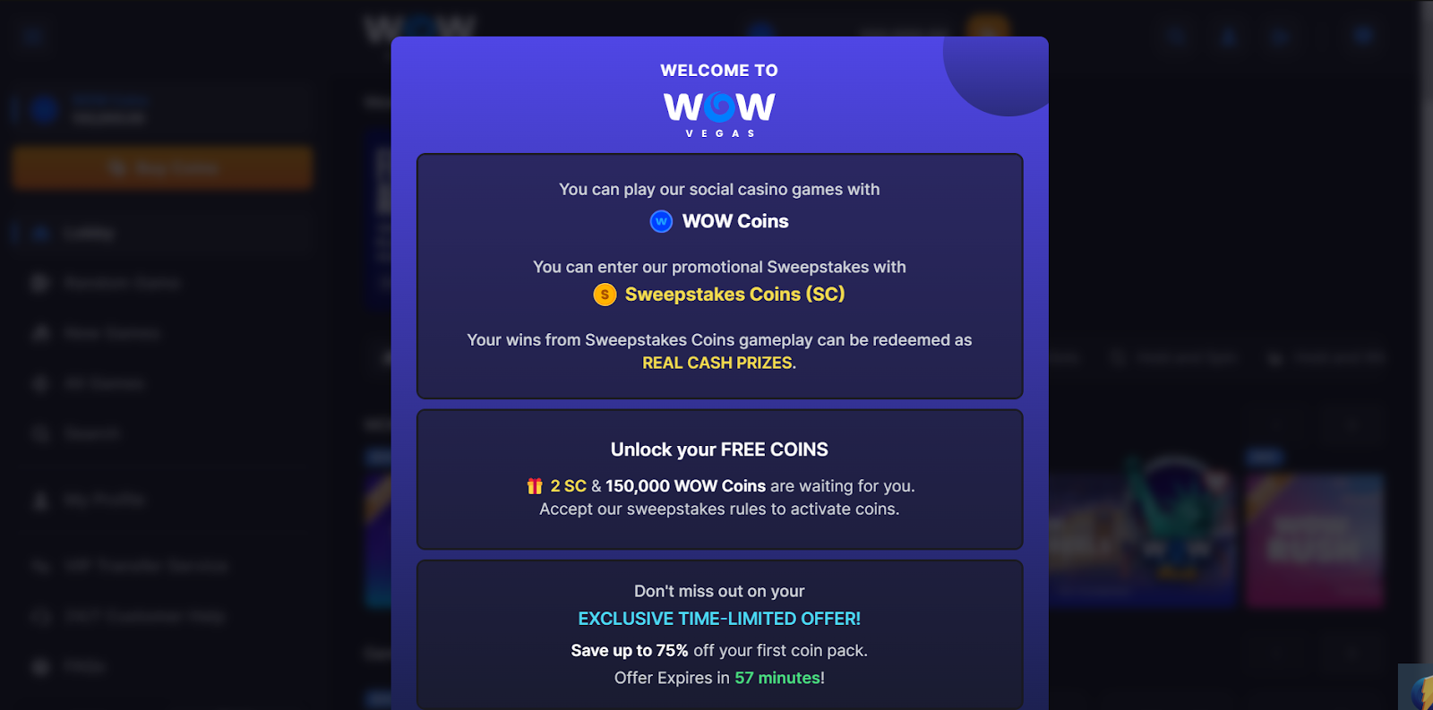 WOW Vegas Sweepstakes casino no deposit bonus