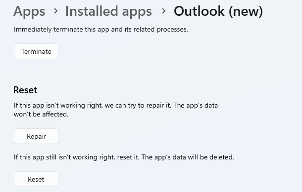 Choose Reset in Outlook in Installed Apps
