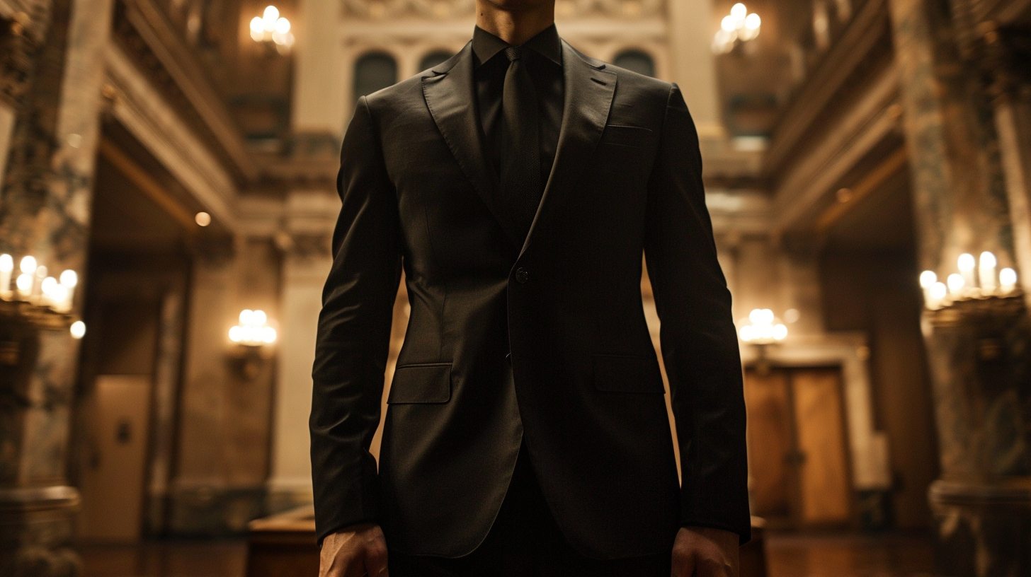 A man wearing a perfectly tailored black suit, standing confidently in a dimly lit, elegant room. The suit is sleek and fitted, paired with a black dress shirt and polished leather shoes. He exudes quiet authority, style, and mystery. The atmosphere is moody and cinematic, suggesting power, elegance, and intrigue.