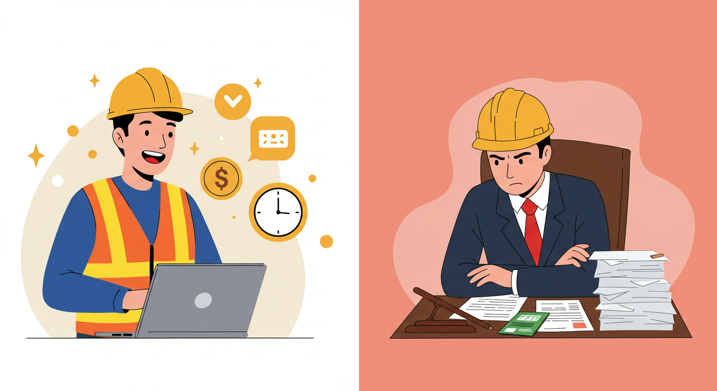 Illustration comparing online mechanic’s lien filing to hiring a lawyer in Texas.