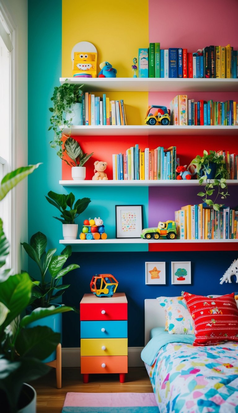 Colorful wall shelves filled with books, toys, and plants in a vibrant kids' bedroom