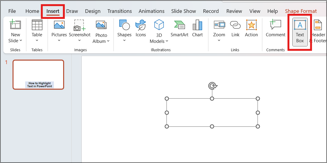 Insert > Text Box Option in PowerPoint