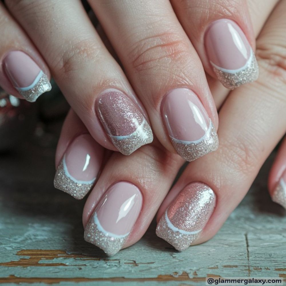 French Tip Christmas Nails having Half Sparkle and half Shiny nail designs
