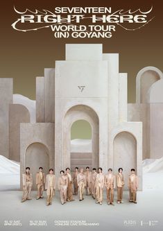 This  contain an image of the poster for seventen klasse world tour in goyang, featuring five men standing in front of a white building