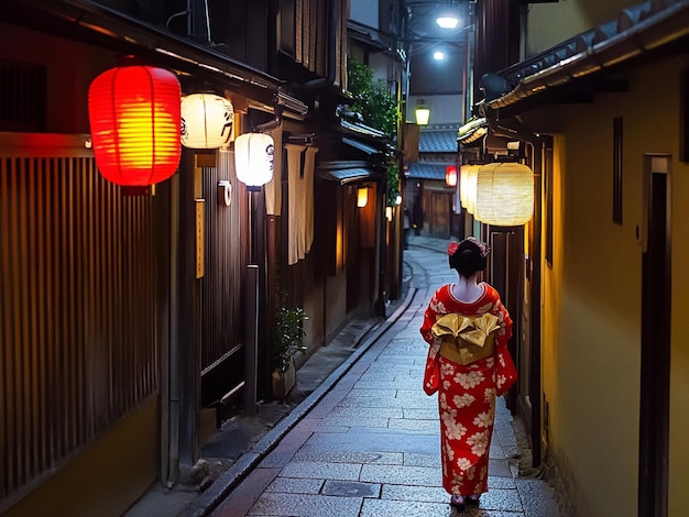 Gion district Kyoto at night illuminated by traditional Japanese lanterns creating ethereal atmosphere for night photography