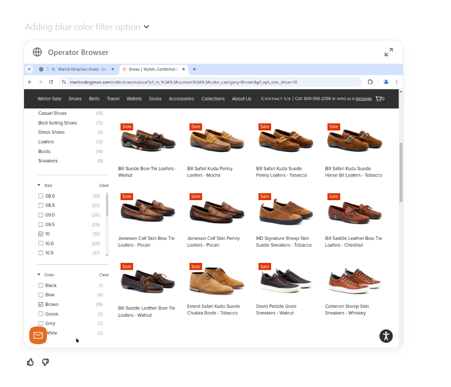 OpenAI Operator filtering to blue and brown shoes on Martin Dingman