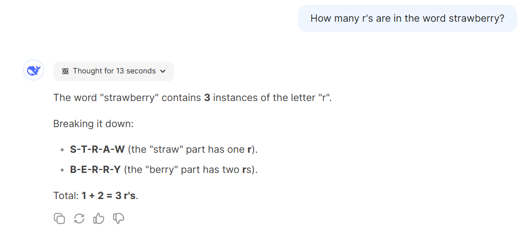 DeepSeek R1 accurately identifies three "r"s in the word "strawberry."