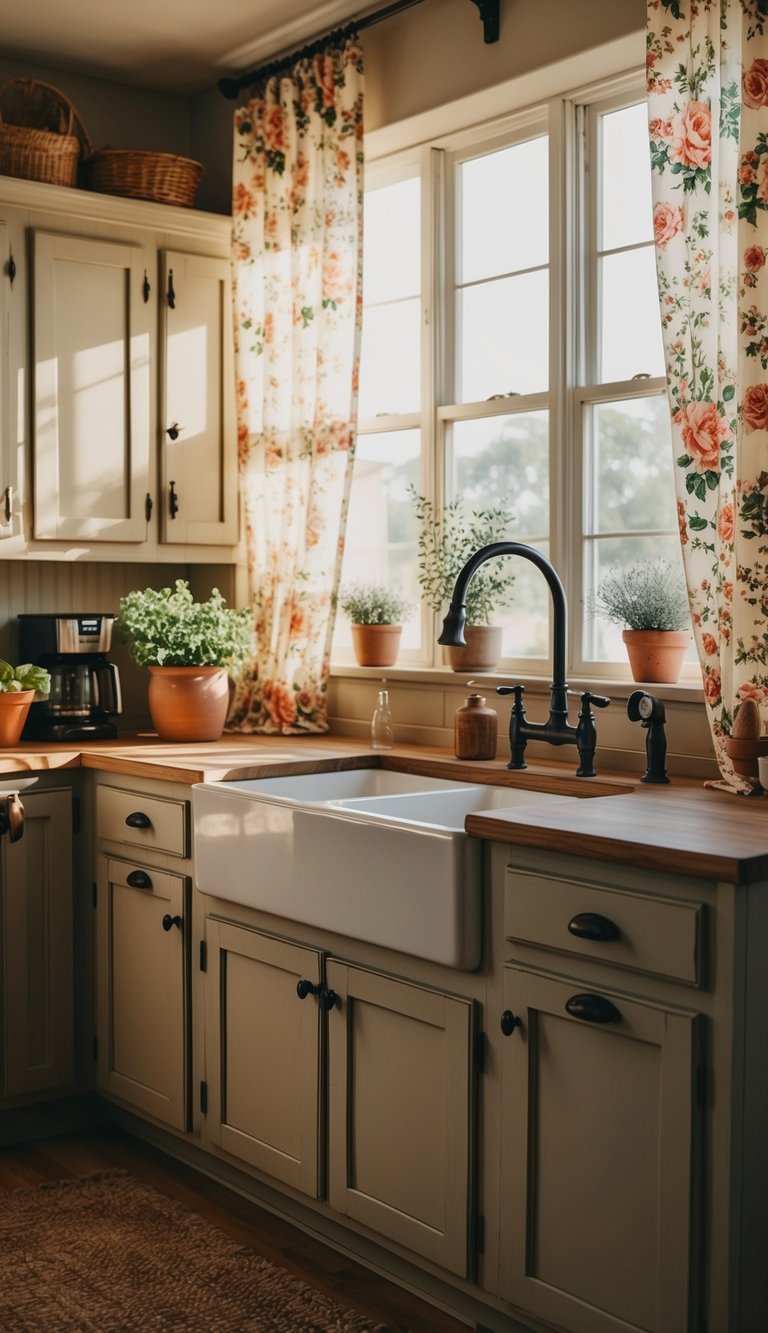 A cozy farmhouse kitchen with vintage floral curtains, sunlight streaming in, and rustic decor