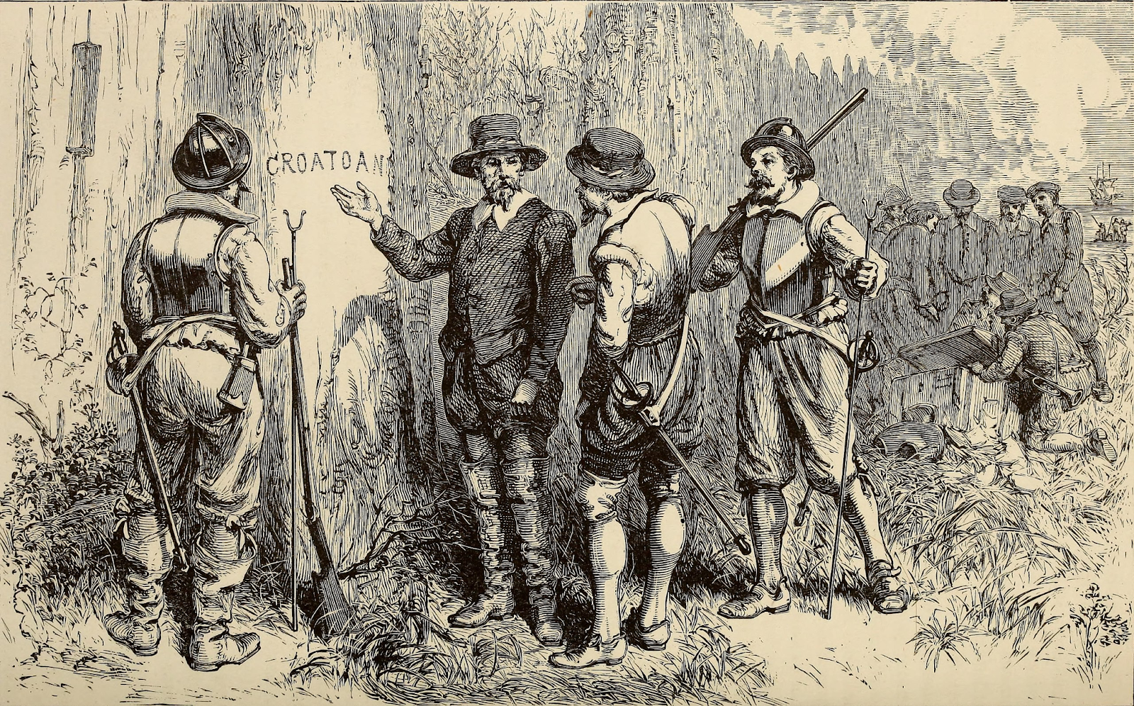 An illustration depicting the disappearance of the Roanoke Colony, with the word "CROATOAN" carved into a tree.