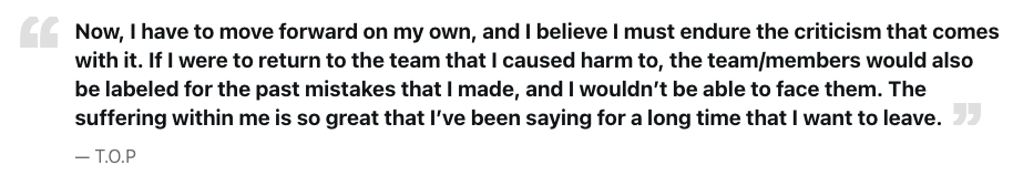 This contain an image of T.O.P explanation  that he wanted to protect BIGBANG from any more controversy linked to his past mistakes.