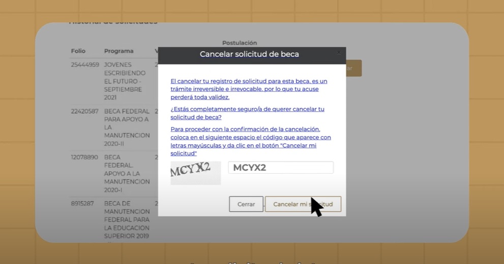 Confirme que desea cancelar la solicitud. 