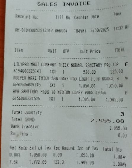 Sales invoice for the sanitary pads.