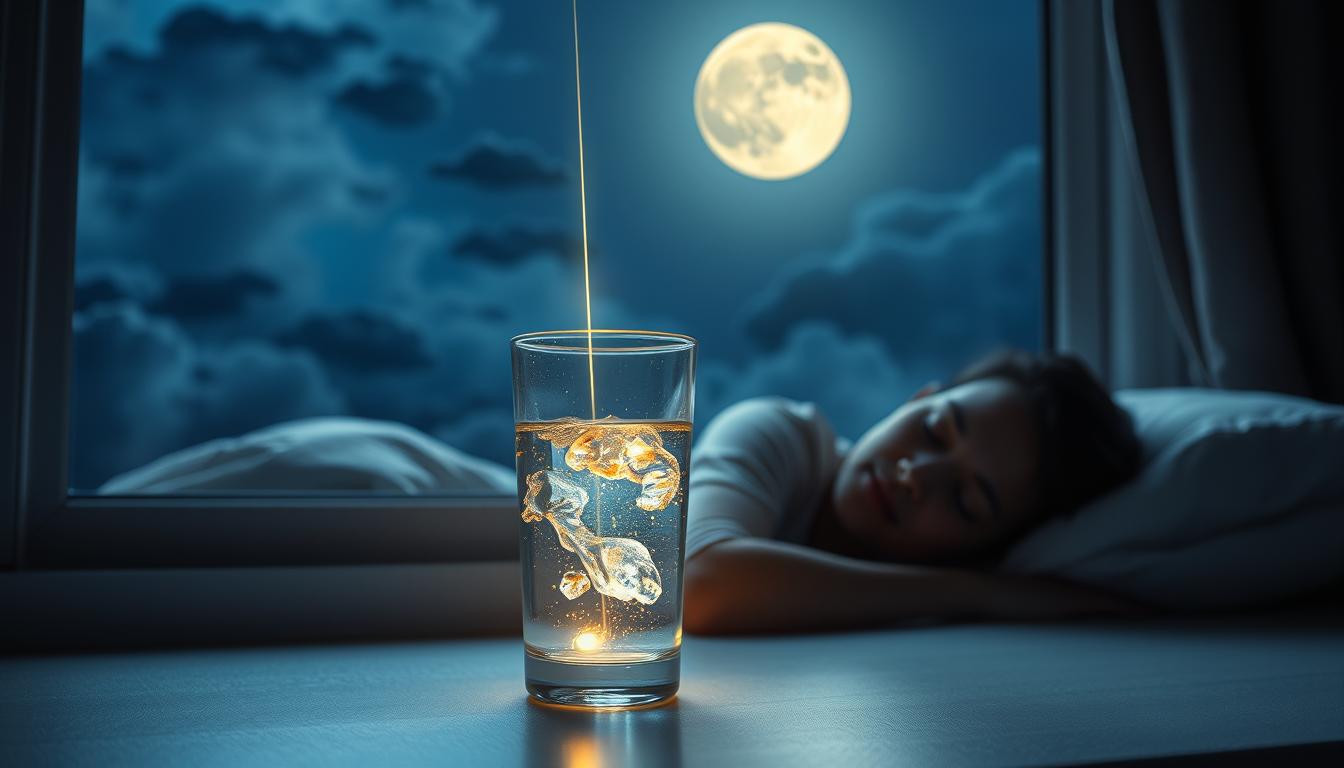 An image of a glass of water sitting on a windowsill under the moonlight. A line of energy is flowing from the moon, through the glass, and into the water. The water appears to be glowing and radiating positivity as it absorbs the lunar energy. A person is sleeping peacefully in the background, surrounded by their dreams and aspirations that have been unlocked through the process.