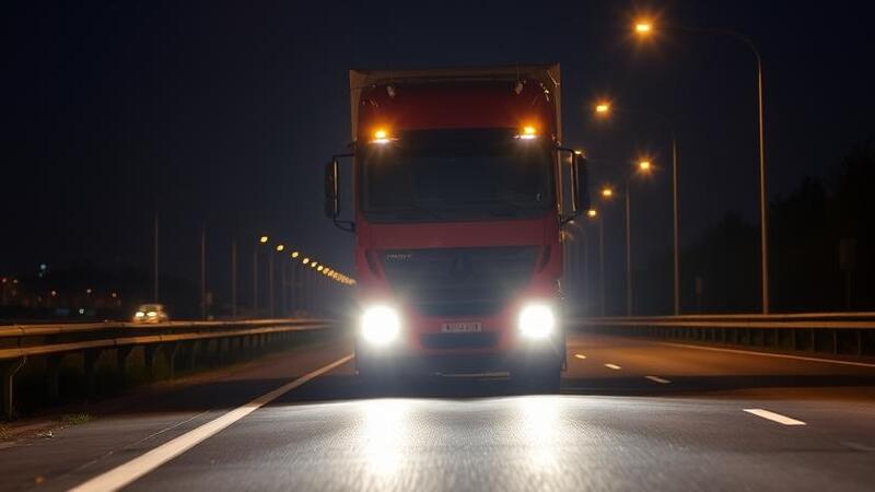 Truck on highway at night with bright LED headlights
