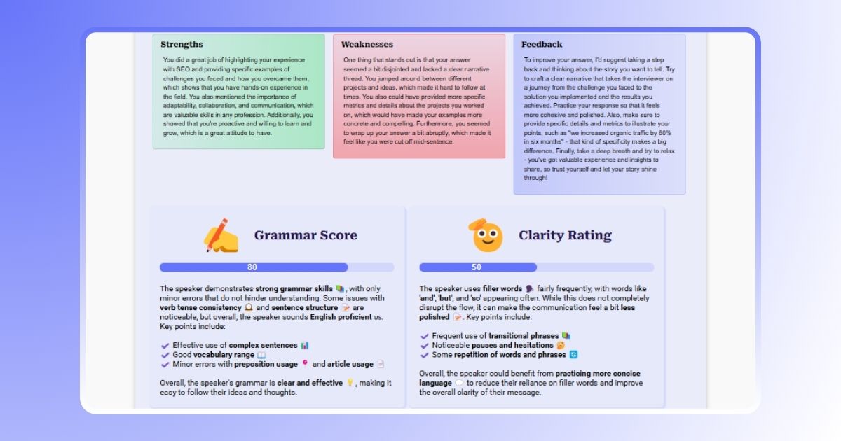 Interview Preparation Feature | This image shows how the Interview Sidekick showcase the feedback. From strengths, weaknesses, feedback, grammar score and clarity | best free interview simulator