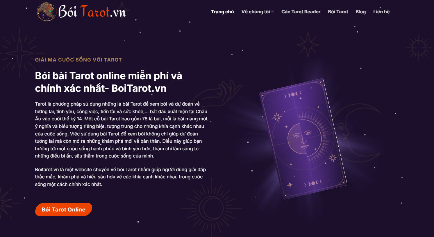 Giao diện website Boitarot.vn - Bói bài Tarot online miễn phí và chính xác nhất