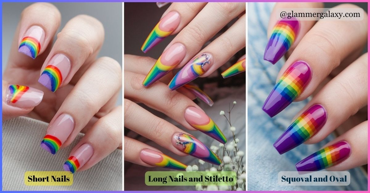 Three sets of nails with rainbow designs, labeled short, long and stiletto, squoval and oval.