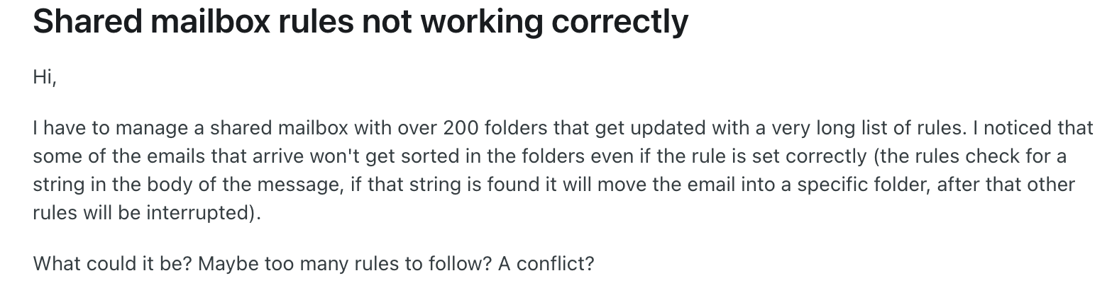 user query on reddit on Outlook's rules in a shared mailbox