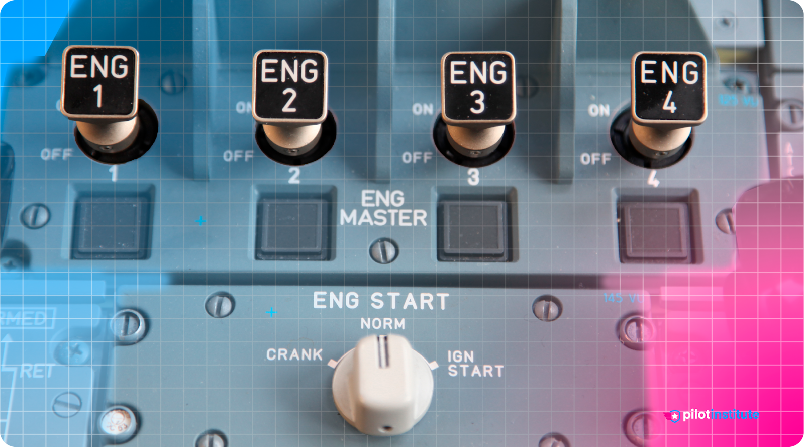 Engine fuel and starter controls on a four-engine turbine airplane.