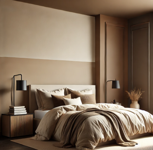 Cozy bedroom painted in shades of brown, creating a treehouse-like atmosphere.
