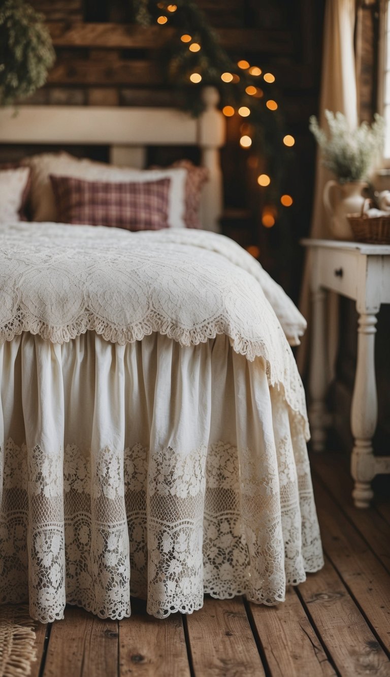 A vintage lace bed skirt drapes over a rustic farmhouse bed, surrounded by cozy, country-inspired decor