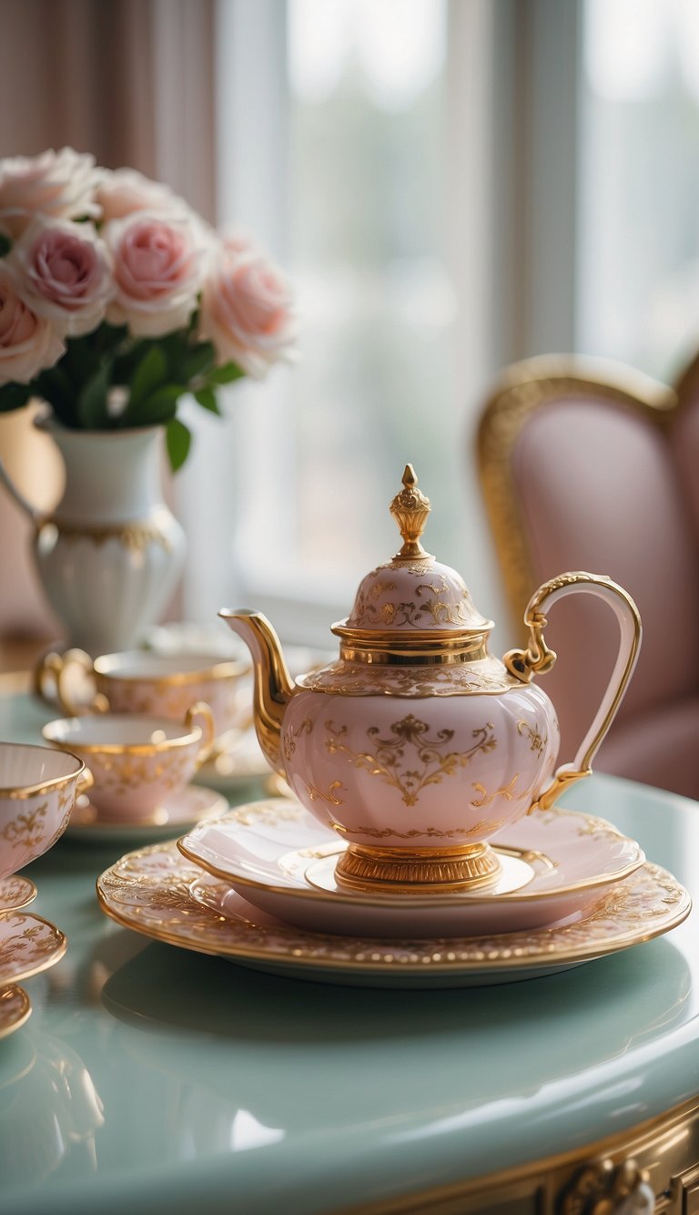 A royal tea set displayed on a lavish table in a princess-themed bedroom, surrounded by elegant decor and soft pastel colors