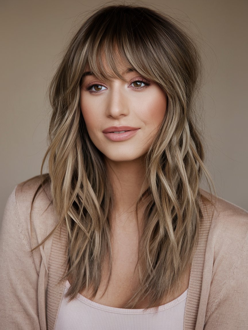 41. Long Layers with Baby Bangs