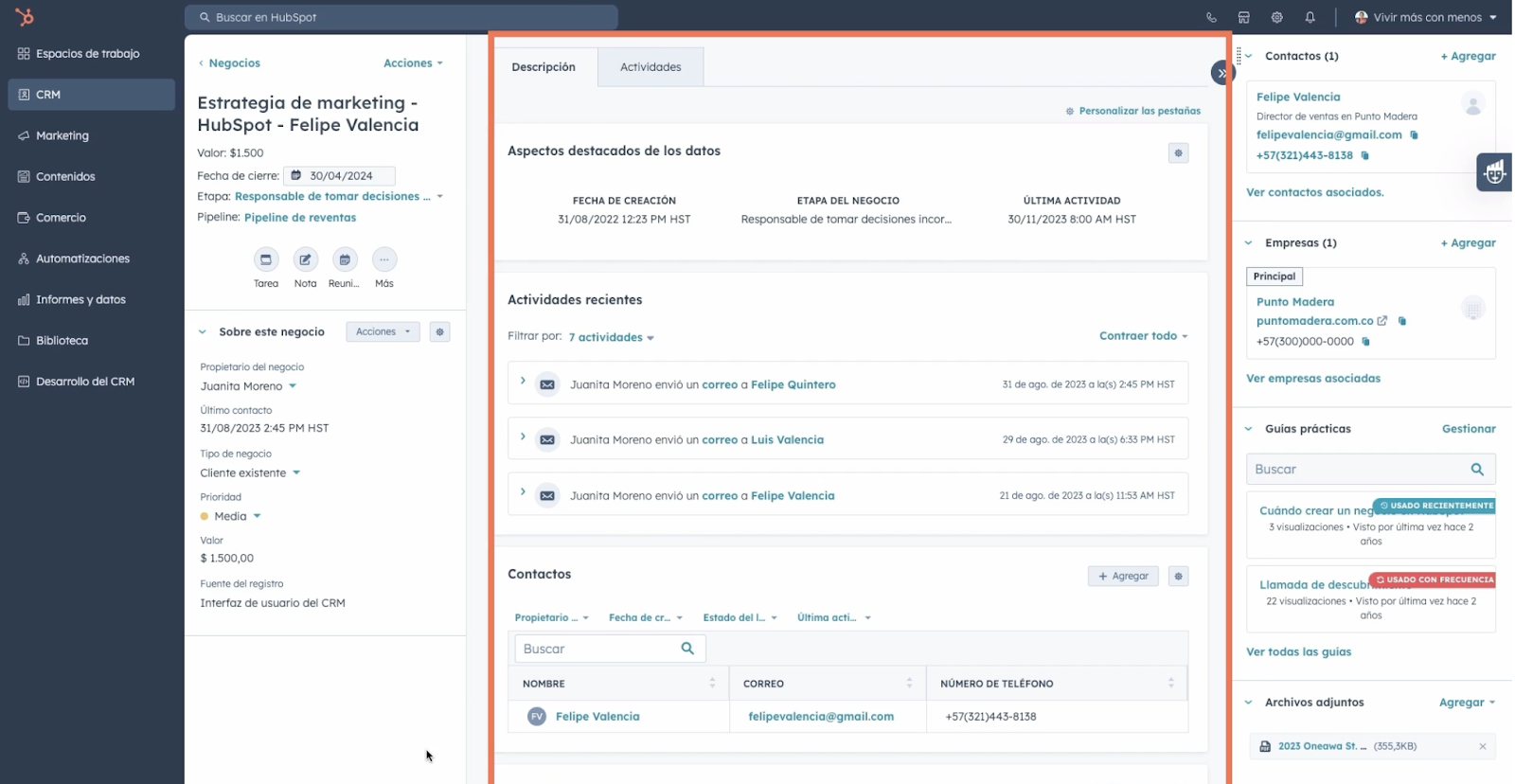 muestra de pantalla de columnas personalizables de HubSpot. 