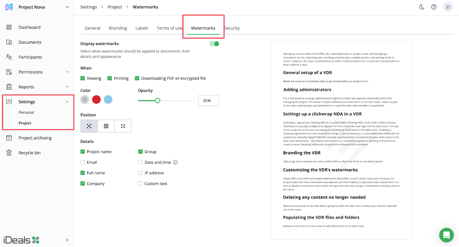 watermarks settings on iDeals