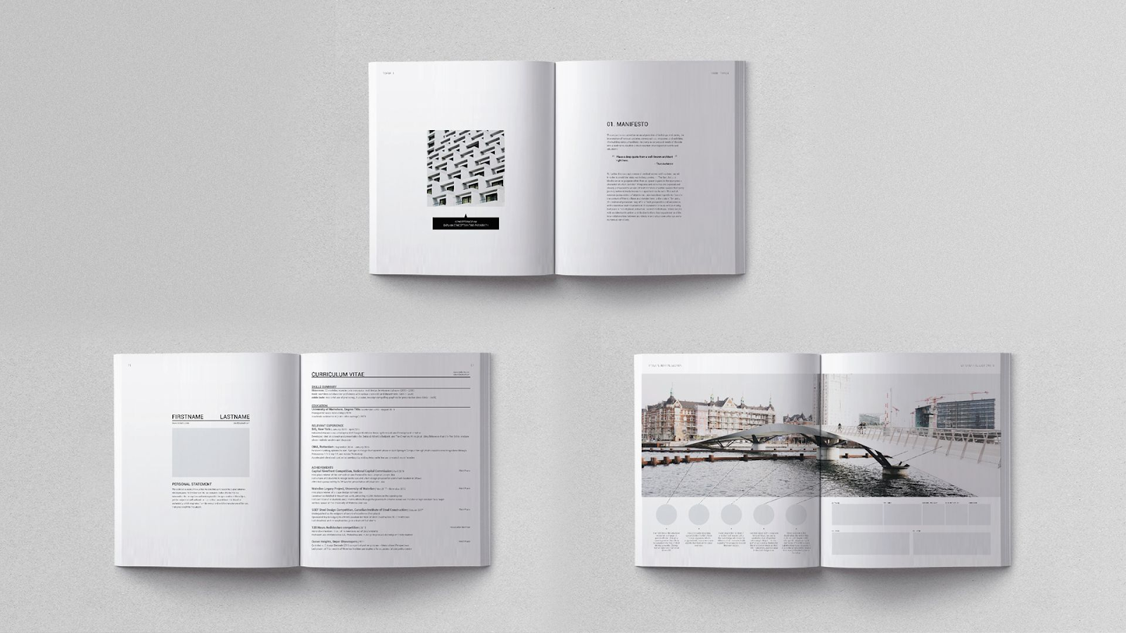 Three open architectural portfolios lie on a neutral background.