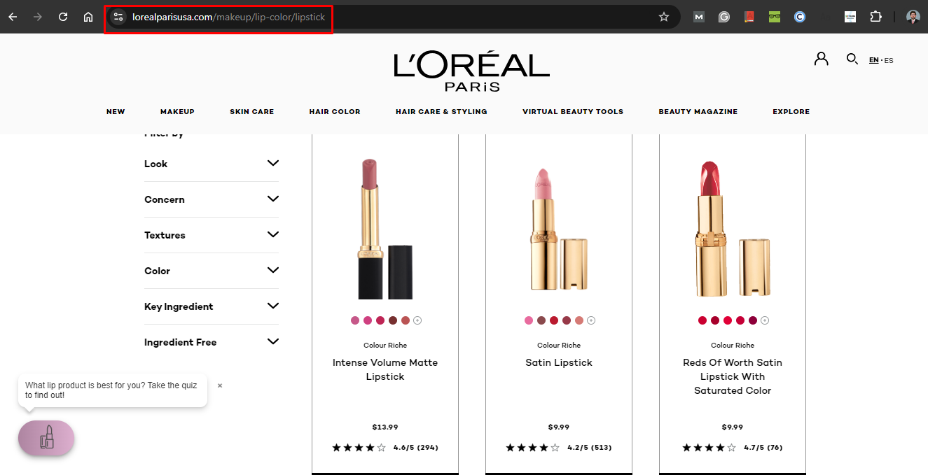 Product page of Loreal Paris