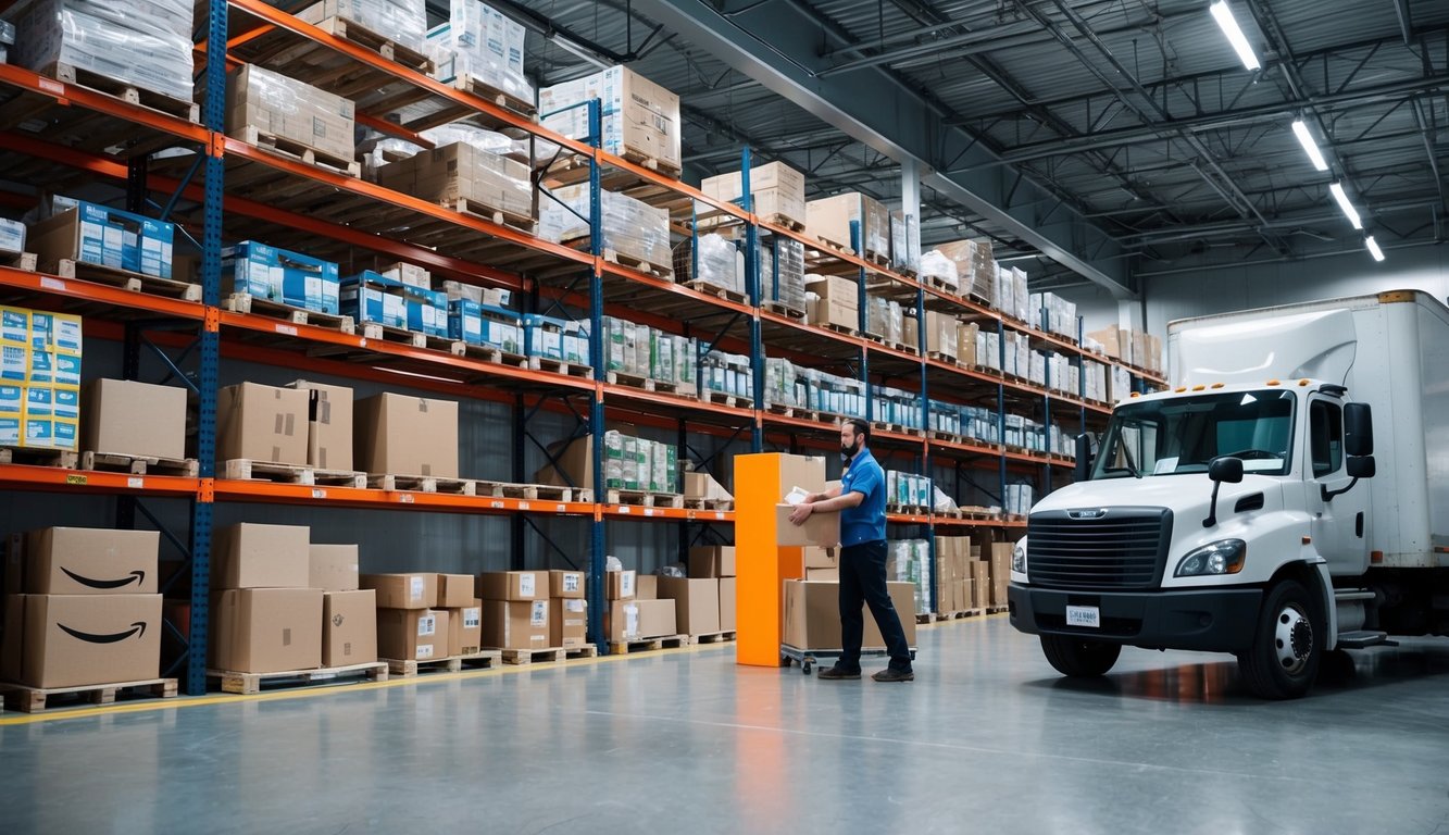 A busy Amazon warehouse with shelves of products, a seller packing orders, and a delivery truck outside