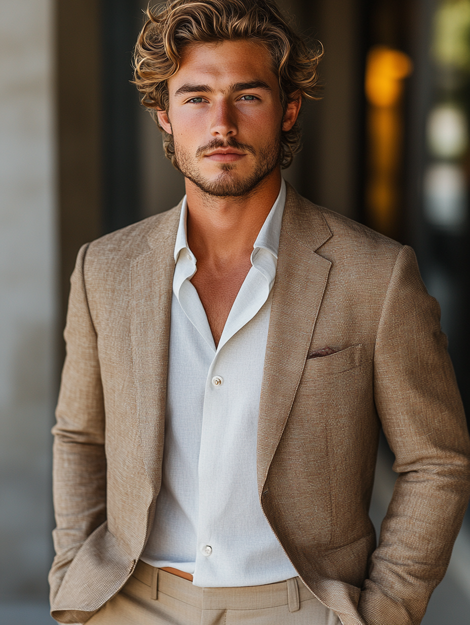 Young man wearing a smart-casual homecoming outfit, featuring a tailored blazer paired with crisp dress pants or chinos. The blazer is modern, with sharp lapels in classic colors like navy, gray, or beige. The dress pants or chinos complete the look with a polished yet relaxed vibe, ideal for a homecoming event. The overall outfit exudes youthful sophistication, offering a stylish and comfortable option for the occasion