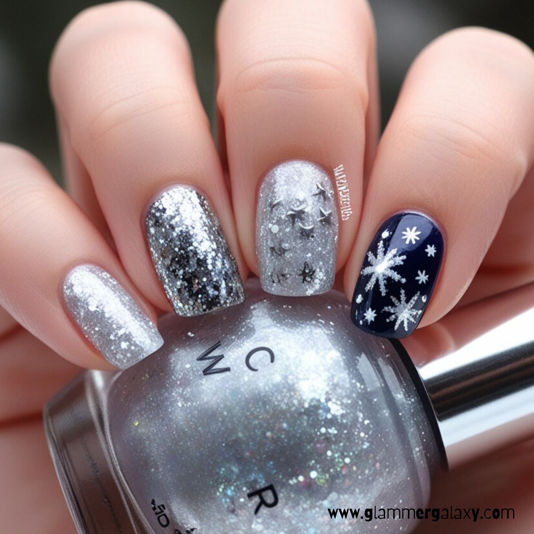 Cute Winter Nails having Silvery Sparkles
