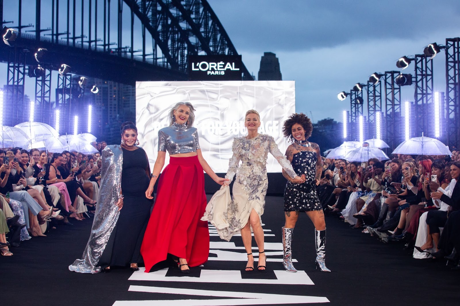 Onella Muralihdharan, Penny Hill, Jessica Rowe and Ashira Paraskevas at the L’Oreal Paris ‘Walk Your Worth Runway’ in Sydney. 