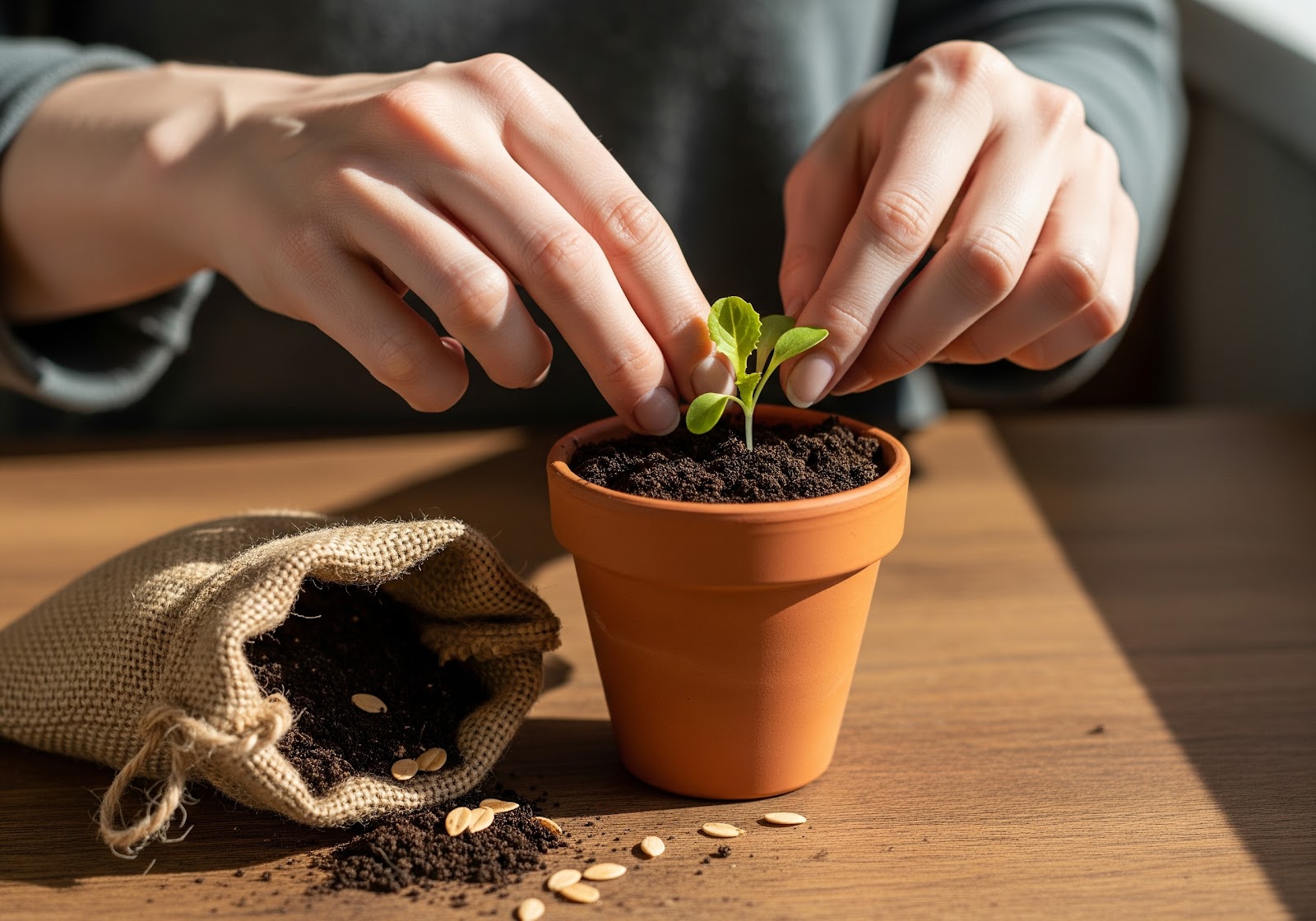 Mãos delicadamente plantando uma pequena muda de alface em um vaso, com um saco de sementes ao lado.