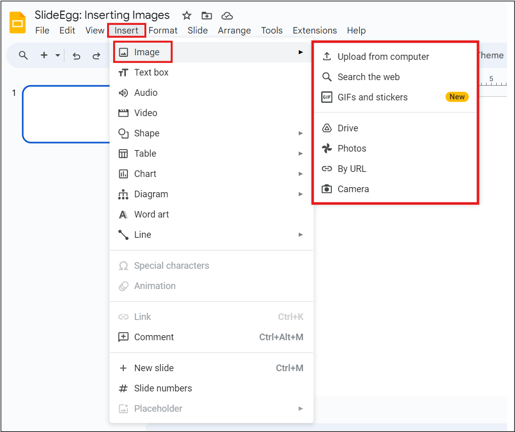 Inserting image in Google Slides from various sources, like, from computer, web, drive, photos, camera, etc.