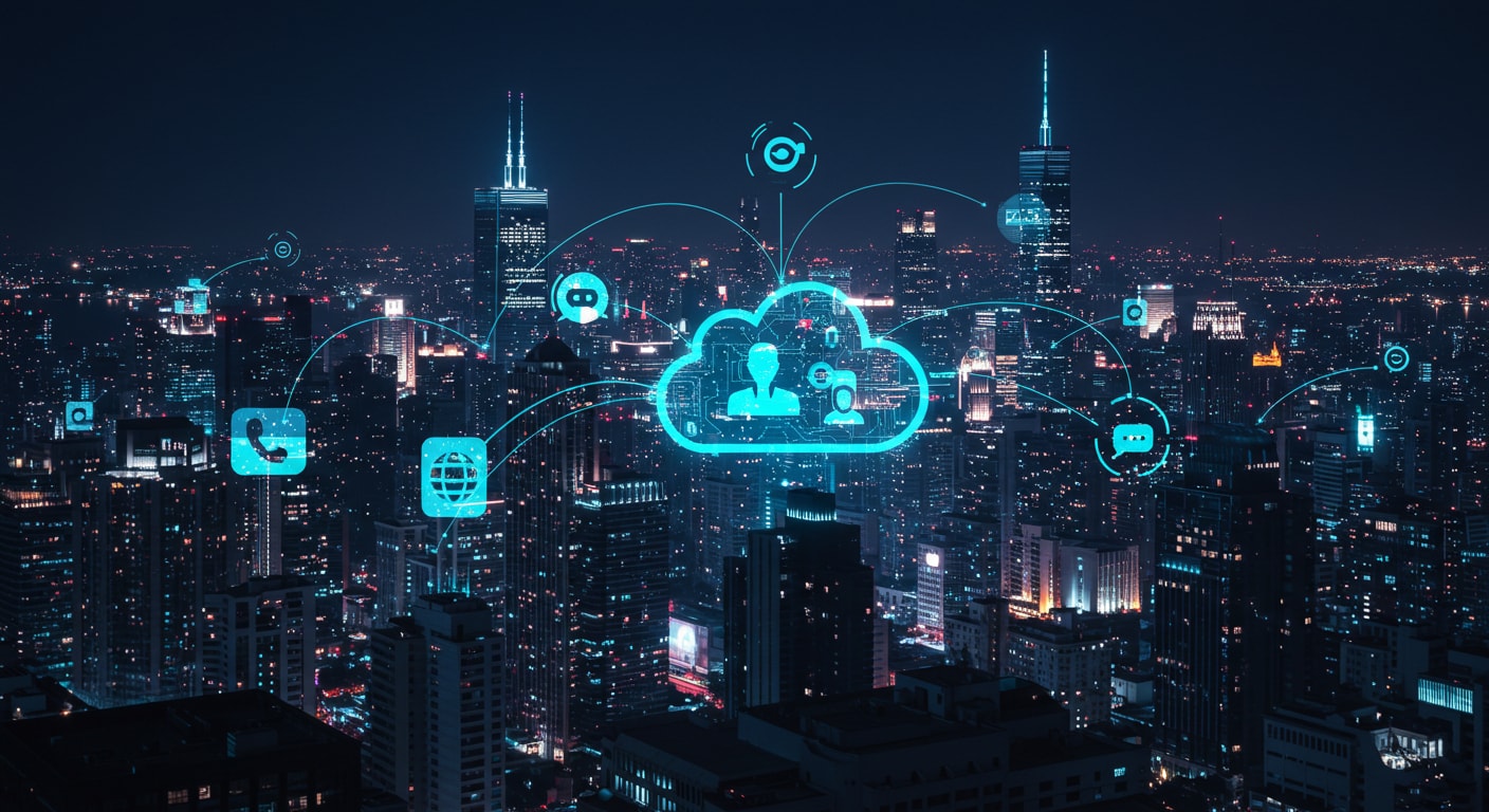 A cityscape with a digital visualization of telecom services evolving with cloud, video, and messaging integrations.