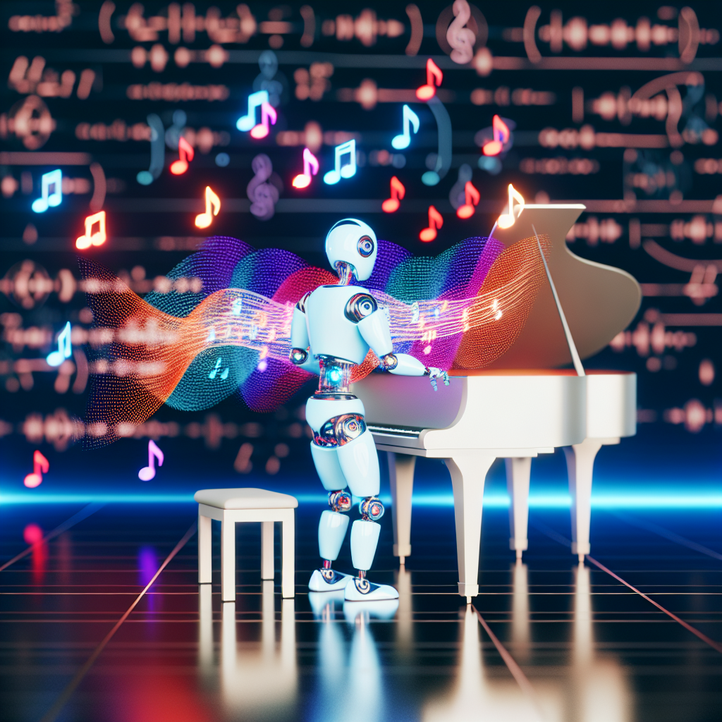 A white AI robot playing a white grand piano with colorful musical notes and sound waves emanating from it. This symbolizes using AI to create AI music.