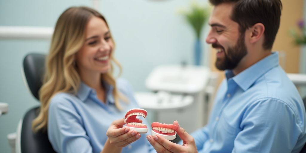 Smiling patient and dentist with dentures in a clinic.