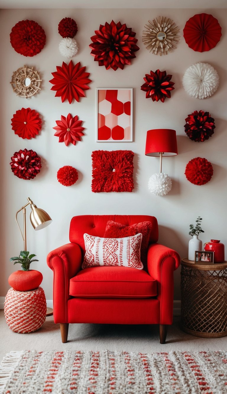 A cozy bedroom with a vibrant red armchair as the focal point, surrounded by 25 different red-themed decor ideas