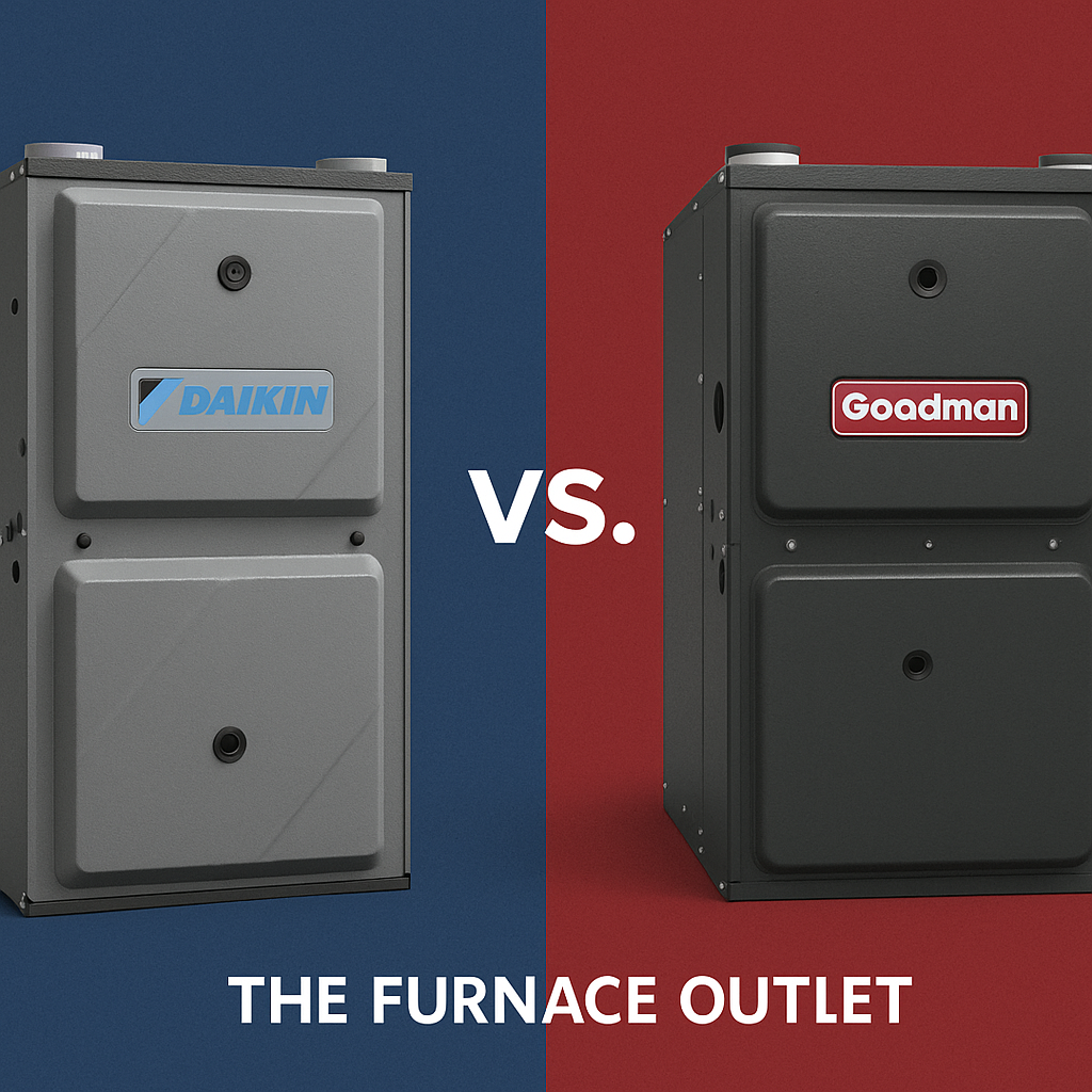 Side-by-side comparison of Daikin and Goodman gas furnaces on a split red and blue background, featuring product visuals and The Furnace Outlet branding.