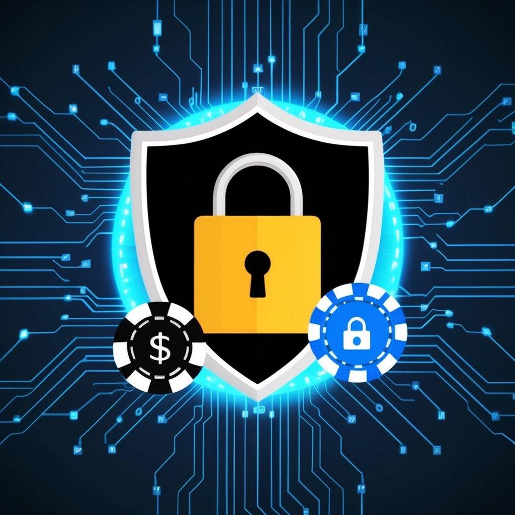 A secure lock icon surrounded by a shield, with a casino chip and a data privacy symbol, all set against a backdrop of digital circuitry